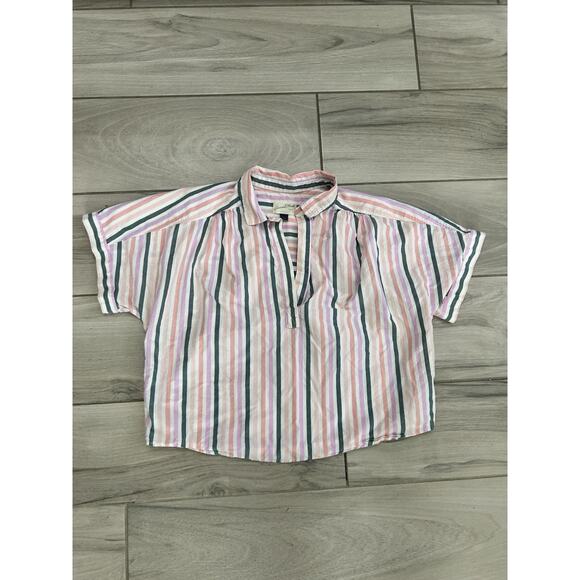 Universal Thread Shirt Womens Large Pink Striped Short Sleeve Cropped Button Up - Picture 1 of 3